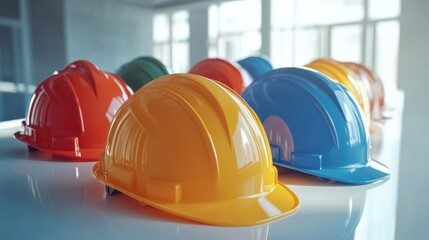 Aufkleber - A collection of colorful hard hats placed carefully on a clean white table, each symbolizing safety and the importance of construction teamwork