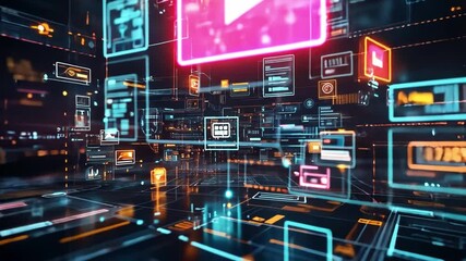 Poster - Vibrant digital interface displaying multimedia icons and connections in a futuristic setting