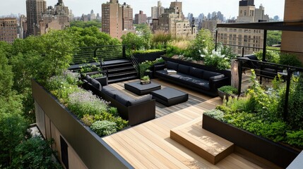 Poster - A contemporary rooftop space with minimalist black furniture, surrounded by lush greenery and wooden decking, offering a calm and tranquil outdoor retreat