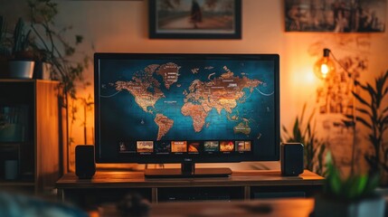 Aufkleber - A contemporary TV screen showcasing popular streaming services, with a world map blurred in the background, highlighting the global connection of content