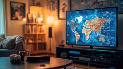 Aufkleber - A contemporary TV screen showcasing popular streaming services, with a world map blurred in the background, highlighting the global connection of content