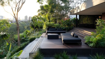 Poster - A contemporary rooftop space with minimalist black furniture, surrounded by lush greenery and wooden decking, offering a calm and tranquil outdoor retreat