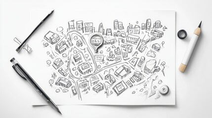 Poster - A creative map sketch with paths, buildings, and a bold search icon drawn on a plain white sheet, symbolizing exploration, navigation, and discovery