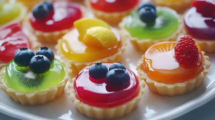 Poster - A detailed close-up of colorful fruit tarts with glossy, fresh fruit on a white plate, creating a visually stunning and appetizing scene