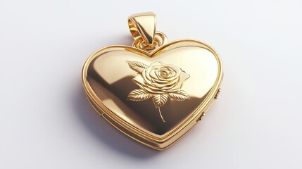 A gold heart locket with a rose engraving, luxury jewelry illustration, 3D render, isolated on white background.