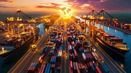 Aufkleber - Expansive Futuristic Global Freight Hub with Intricate Digital Network Connecting All Freight Centers and Autonomous Vehicles and Cranes Efficiently Managing Cargo Under Neon Cybernetic Lights