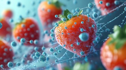 Poster - A detailed microscopic view of nanosensors embedded within a food package, showing their ability to detect and alert consumers about food safety issues