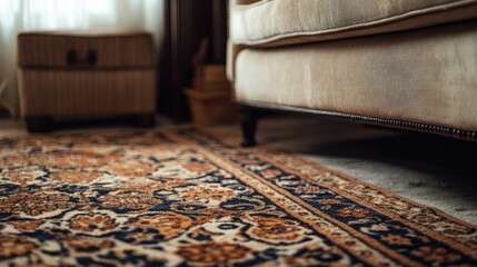 Aufkleber - A detailed shot of a vintage, luxurious carpet with elaborate patterns, adding timeless elegance and refinement to a beautifully decorated room