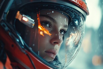 Poster - A close-up of an astronaut face inside their helmet, with Earth reflected in their visor, symbolizing a crucial moment in space exploration