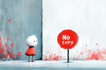 A colorful flat design of a â€œNo Entryâ€ sign placed in front of a doorway, with a curious figure peeking in from the side, symbolizing exclusion on a white canvas