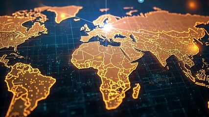 Poster - Global map illuminated with bright lines showcasing continents and countries in a digital style