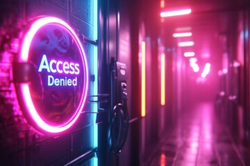 Aufkleber - A cyberpunk-inspired depiction of a neon-lit city street with a holographic â€œAccess Deniedâ€ barrier projected in vivid colors, symbolizing exclusion in a futuristic world