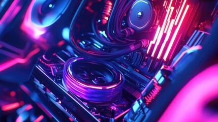 Poster - A dynamic shot of an RGB-lit cooling system inside a custom PC build, featuring glowing fans and intricate hardware, emphasizing advanced technology and style