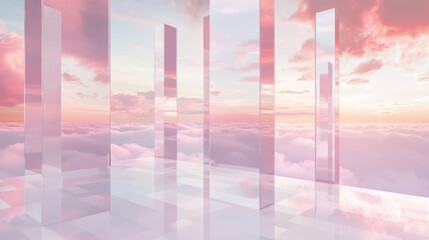 Poster - Basking in the soft light of twilight, this ethereal glass landscape reflects a sea of fluffy clouds. Hues of pink and violet grace the horizon, invoking a sense of peaceful wonder