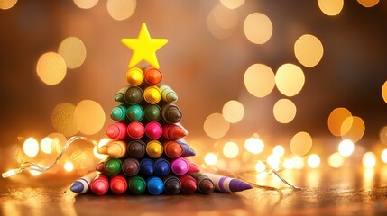 Poster - A festive stack of colorful crayons in the shape of a Christmas tree, topped with a bright yellow star and surrounded by sparkling holiday lights