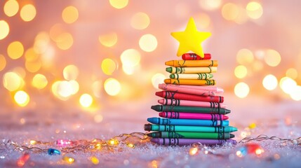 Poster - A festive stack of colorful crayons in the shape of a Christmas tree, topped with a bright yellow star and surrounded by sparkling holiday lights