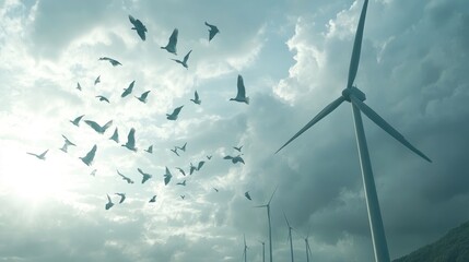Poster - A flock of birds flying over a wind turbine farm under cloudy skies, symbolizing the balance of nature and clean, renewable energy sources