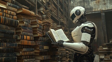 Poster - A futuristic robot carefully inspecting books in an abandoned library, surrounded by stacks of aged literature, capturing the contrast between technology and decay