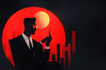 Poster - A dramatic illustration of a consultant presenting shadowy figures in a dimly lit room, with glowing red charts on a dark background