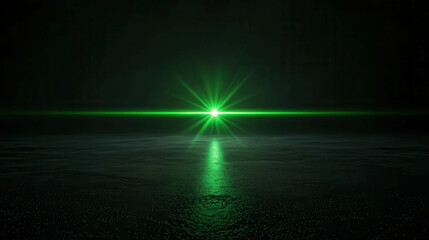 Poster - Single Green Laser Beam Cutting Sharply Through Dark Background with Reflection Effect