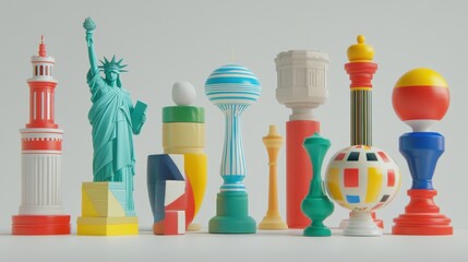 Poster - Colorful plastic replicas of iconic landmarks arranged artistically on a light background
