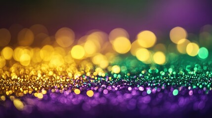 Poster - A glittery surface in bold Mardi Gras colors--purple, green, and gold--sparkling as the light dances across it, creating a festive and fun vibe for celebrations