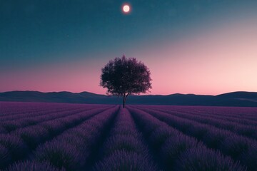 Poster - A single tree in the middle of an endless lavender field 