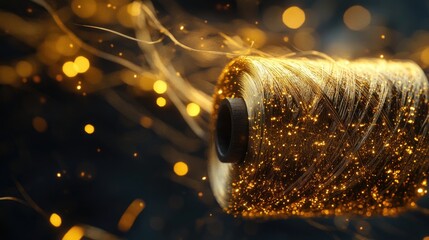 Poster - A golden thread spool unwinding in a tangled mess, capturing the elegance of the shining thread amidst the chaos, symbolizing creativity in motion