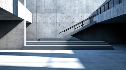 Poster - This visually striking image features a minimalist concrete staircase, beautifully illuminated by natural light.
