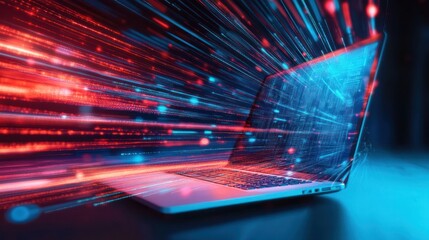Laptop with digital data stream, fast speed, abstract background, tech concept, possible use in ads, presentations, or websites for showcasing innovation