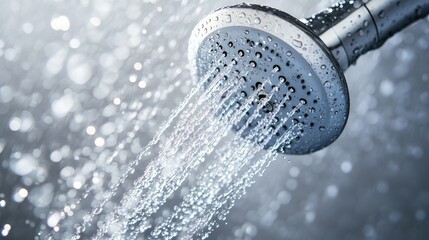 Poster - A high-speed close-up of water droplets falling from a shower head, frozen in motion, giving a feeling of freshness and cleanliness in the bathroom