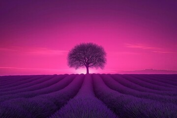 Poster - A single tree in the middle of an endless lavender field 