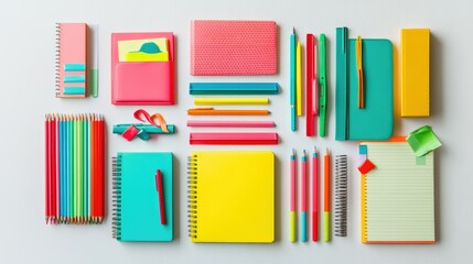 Poster - A lively arrangement of colorful notebooks with bright highlighters and sticky notes, all neatly placed on a white background to evoke productivity and creativity