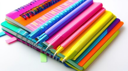 Poster - A lively arrangement of colorful notebooks with bright highlighters and sticky notes, all neatly placed on a white background to evoke productivity and creativity