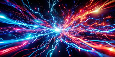 Poster - Abstract Neon Sparks: Blurred Red & Blue Electric Light Trails on Black Background