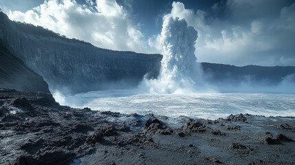  Dramatic view of a volcanic eruption with dark rocks, ocean waves and a cloudy sky