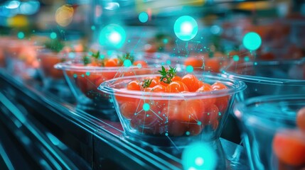Poster - A magnified image of nanosensors in food packaging, detecting potential contaminants, symbolizing the future of food safety and consumer protection