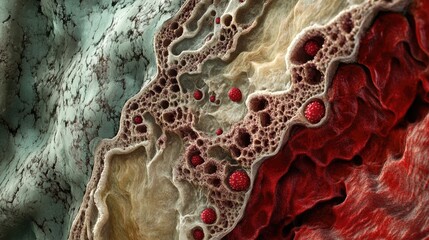 Poster - A microscopic view of a vein cross-section, with blood cells flowing through and the structure of the vein walls visible, highlighting the circulatory system