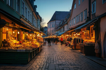Poster - A street market in an old European town square at dusk