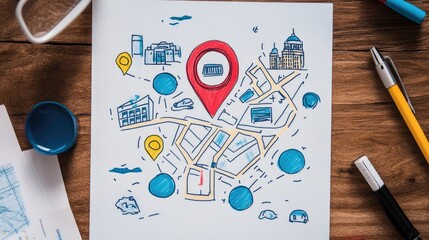 Aufkleber - A minimalist map sketch on a white sheet, showcasing pathways, buildings, and a bold search icon, representing guidance, navigation, and discovery