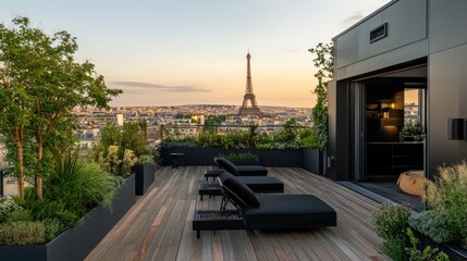 Poster - A minimalist rooftop with sleek black furniture, a wooden deck, and abundant greenery, creating a peaceful and stylish outdoor retreat with a serene atmosphere