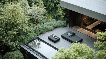 Poster - A minimalist rooftop with sleek black furniture, a wooden deck, and abundant greenery, creating a peaceful and stylish outdoor retreat with a serene atmosphere