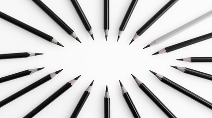 Aufkleber - A modern, minimalist arrangement of black pencils arranged radially on a white background, showcasing symmetry and sleek design