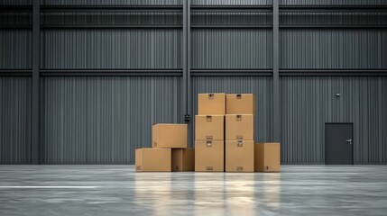 Poster - Stacked Cardboard Boxes in Front of a Grey Metal Wall in an Industrial Warehouse Setting