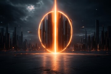 Poster - A futuristic cityscape dramatically illuminated by a massive beam of light shooting into the sky, with glowing neon elements and flying vehicles creating dynamic motion