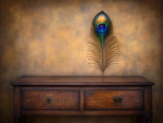 Poster - Peacock feather on antique table, textured wall