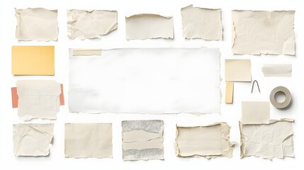 Fototapete - Vintage grunge textured paper scraps with ripped edges and adhesive tape on a neutral background perfect for business office or personal message displays