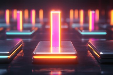 Poster - A futuristic holographic display highlighting a single glowing object in a grid of similar items, with vibrant neon colors symbolizing its special importance