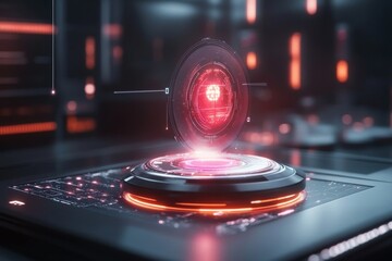 Poster - A futuristic holographic display highlighting a single glowing object in a grid of similar items, with vibrant neon colors symbolizing its special importance