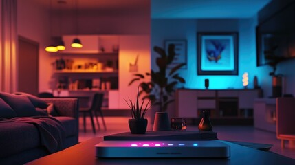 Poster - A modern wireless router placed in a cozy home environment, transmitting waves to multiple devices, representing the heart of a connected, tech-savvy home